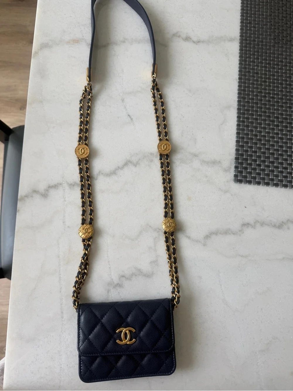 CHANEL Navy Quilted Caviar Mini Crossbody with Gold Hardware